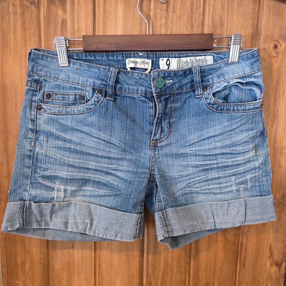 Indigo Rein Denim Shorts Womens Juniors 9 Blue Low Rise 6" Cuffed Hem 5-Pocket